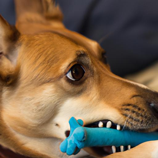 A dog engaging in chomping behavior with a chew toy
