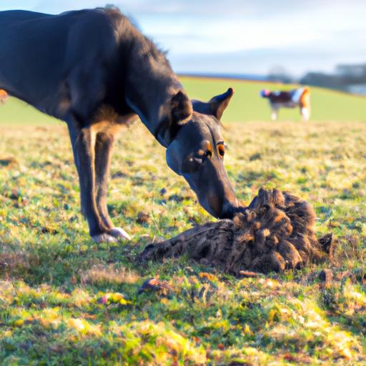 A dog investigating horse poop in search of hidden scents