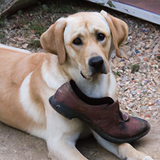 A dog exhibiting classic signs of stealing behavior with a stolen shoe.