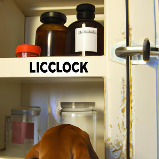 A locked cabinet storing Roundup and other chemicals to prevent dog access.