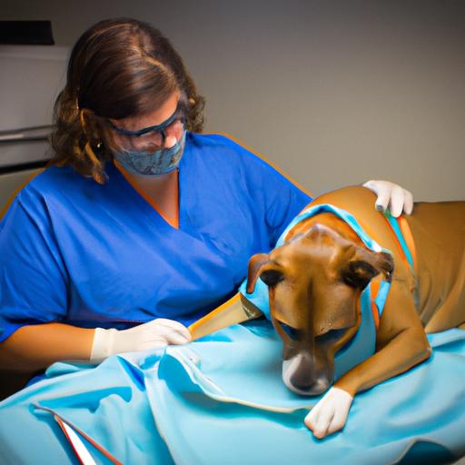 A veterinarian carefully performing a neutering surgery on a dog.