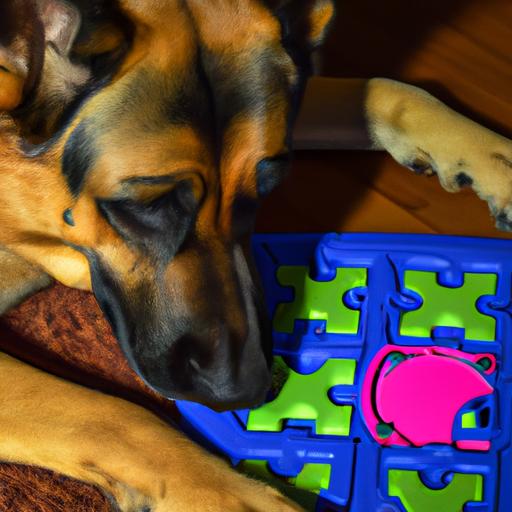 German Shepherd enjoying mental stimulation through interactive puzzle toy.