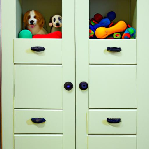 Preventing dog stealing by securing objects in closed cabinets and organizing dog toys.