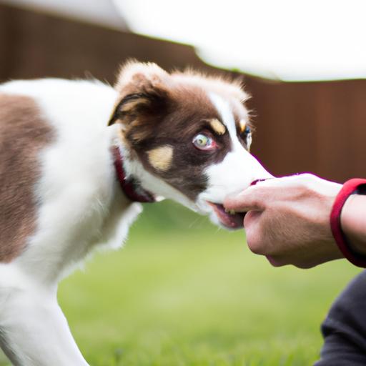 A trainer using positive reinforcement techniques to redirect a puppy's biting behavior.