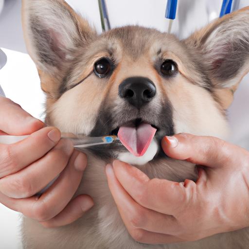 Veterinarian inspecting a dog's mouth for potential health issues after eating a rabbit