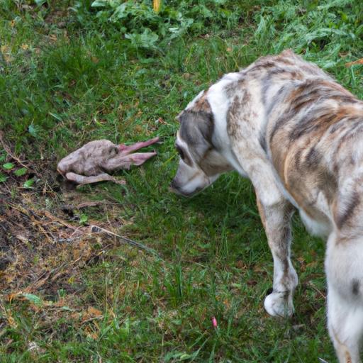 A dog investigating a rabbit carcass in the yard