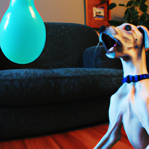 A dog cowering in fear as it looks at a balloon nearby.