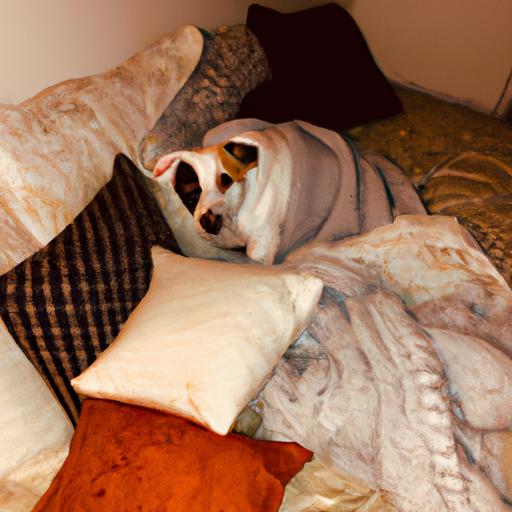 A dog exhibiting nesting behavior by arranging blankets and pillows to create a comfortable nest.