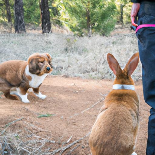 Dog owner teaching their pet to ignore a rabbit to prevent sickness