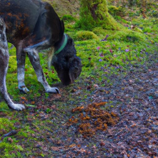A curious dog explores the scent of deer droppings in the wild.