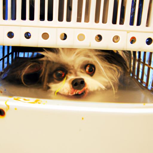 A puppy mill dog showing signs of fear and anxiety inside a cramped cage.