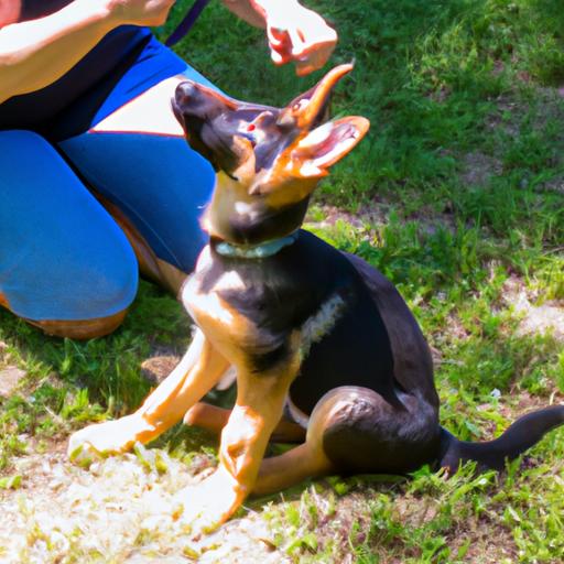 German Shepherd puppy undergoing professional training to prevent biting behavior.